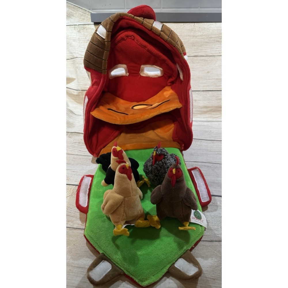 Adore Brand Hen House 4 Hens / Chickens Plush Barn Carry Handle Excellent Tub12